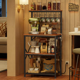 Furologee Kitchen Bakers Rack with Power Outlet, Microwave Oven Stand with Storage 4 Tiers, Coffee Bar Table with 6 S Hooks, Kitchen Storage Shelf Rack for Spices, Pots, Rustic Brown