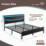 Homkdom King Size Bed Frame with LED Lights & Charging Station, King Bed Frame and Headboard,13" Under Bed Storage, Noise-Free Heavy Duty Metal Support, Modern Black