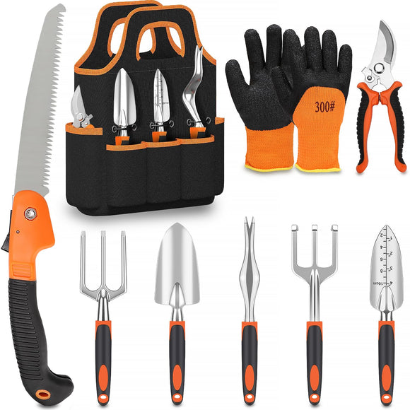 Garden Tool Set, 9 Piece Garden Tools with Non-Slip Rubber Grip with Large Garden Bag, Hand Tools for Gardening