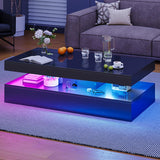 Nordivale 47” High-Glossy LED Coffee Table with 2 Sliding Drawers, Living Room Storage Coffee Tables, Modern Stylish Double-Layer Center Tables with LED Lights, Black