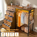 EnHomee 49.2" W Dresser with Hanging Rack & 6 Fabric Drawers – Wooden Top Organize Unit Featuring LED Lights, Charging Station & Grid Panel & Hooks for Bedroom, Rustic Brown