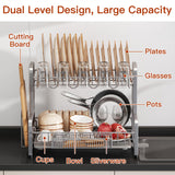 2 Tier Dish Drainer Drying Rack for Kitchen Counter, Large Stainless Steel Dishes Dryer with Drainboard, Space Saving, Big Rustproof Metal Modern Countertop Plates Strainer with Utensil Holder, Sliver
