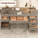 GarveeHome Farmhouse Executive Desk with File Drawers, 60 in Home Office Desk with Charging Station, Wooden Computer Desk with Cabinet Storage for Work Study Writing, Rustic Gray
