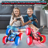 Hamdol Remote Control RC Car for Kids 6-12, High-Speed 4WD Stunt Car with LED Lights & 360° Rotation, 2.4GHz Off-Road Vehicle Toy with Rechargeable Battery, Cool Valentines and Birthday Gift for Boys