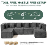MONVANE Modular Sectional Cloud Couch for Living Room - 130'' 6 Seater Convertible Chenille Couches Set with Ottoman, No Assembly Compression Sofas, Comfy Floor Sofa with Memory Foam, Grey