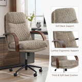 KISLOT Home Office Desk Chair, Ergonomic Office Chair with Lumbar Support, Adjustable Swivel Computer Chair with Wheels, Fabric Executive Task Chair with Wood Arms, Khaki