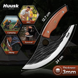 Huusk Japan Ulu Knife with Sheath - Christmas Gift for Men and Women - Hand Forged Caveman Ultimo Knife with Full Tang Wooden Handle - BBQ Knives for Vegetables, Fruit, Pizza - Gifts for Mom