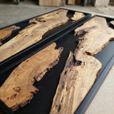 Natural Live Edge Olive Wood Wall Art - Modern Black Resin Decor & Handcrafted Rustic Wood Panel, Nature-Inspired Abstract Luxury for Living Room or Office - 20x48"
