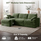 NABUMI 107" Modular Sectional Sofa with Storage, L-Shaped Boneless Couch with Movable Ottoman, Deep Seat Memory Foam Corduroy 4-Seater Cloud Couches for Living Room, Tool-Free Assembly, Green