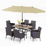 PHI VILLA 7pc Patio Dining Set w/Umbrella, Wood-top Table, Rattan Chairs