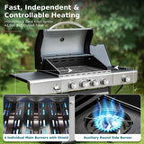 MFSTUDIO 4-Burner Propane Gas Grill, Stainless Steel BBQ Grill with Side Burner and Porcelain-Enameled Cast Iron Grates, High Heat Output Gas BBQ Grill