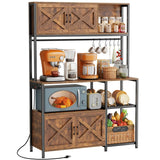 Huuger Large Bakers Rack with Power Outlet, Kitchen Microwave Stand with Cabinets, Coffee Bar Table Station with Storage, 6 S-Shaped Hooks, Mesh Shelves, 45 Inch Wooden Top, Rustic Brown