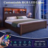 Uteeran Queen Size Bed Frame and Tall Headboard & Storage, Metal Platform Bed Frame with 4 Storage Drawers, Queen Bed Frame with LED Lights & Charging Ports, No Box Spring Needed, Noise-Free, Brown
