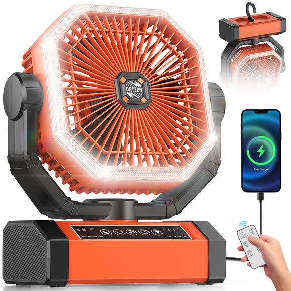 Battery Powered Fan - 9-Inch Rechargeable Fan Portable, 20000mAh(60Hrs) Camping Fan for Tent, Auto Oscillation Cordless Fan, Tent Fan for Camping with Remote/light, 4 Speeds, 4 Timing, Outdoor Orteen