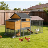 MEDEHOO Mobile Chicken Coop with Wheels for 6–8 Chickens, Large Outdoor Chicken Coop with Run, Weatherproof Asphalt Roof, Dividable Nesting Boxes and Pull Out Trays，85.6" L x 40.6" W x48.2 H