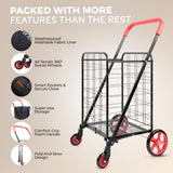 SereneLife Small Compact Folding Shopping Cart with Removable Waterproof Liner – 360° Swivel Wheels, Rust‑Proof Steel Frame (Red)