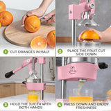 Zulay Kitchen Cast-Iron Orange Juice Squeezer - Heavy-Duty, Easy-to-Clean, Professional Citrus Juicer - Durable Stainless Steel Lemon Squeezer - Sturdy Manual Citrus Press & Orange Squeezer (Pink)