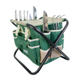 7-Piece Gardening Tool Set – Stainless Steel Tools with Wooden Handles, Folding Stool, and Canvas Tote Bag, Green and White