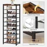 HOOBOR 10 Tier Shoe Rack, Large Capacity Shoe Storage for 18-20 Pairs, Sturdy Metal Shoe Shelf for Closet Entryway, Space Saving Shoe Organizer for Sneakers Heels, Rustic Brown BF40XJ01