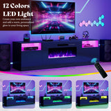 AMERLIFE 80" Fireplace TV Stand with 40" Electric Fireplace, TV Console with High Gloss Storage Cabinets and 12 Colors LED Lights, Modern Entertainment Center for TVs Up to 90", Black