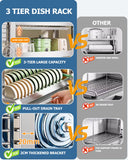 Stainless Steel Dish Drying Rack 3 Tier Dish Rack with Drainer Tray Utensil Holder and Cutting Board Holder Large Capacity Dry Rack for Dishes Kitchen Counter Silver (16.1" L x 10.6" W x 24.6" H)