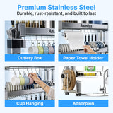 ANUMITRA Over Sink Dish Drying Rack – Stainless Steel 3-Tier 33.5 in Dish Drainer Rack, Space-Saving Kitchen Sink Organizer with Plate & Bowl Holders, Cutting Board Rack, Utensil Cup, Adjustable Feet