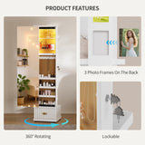 Lvifur 360° Swivel Jewelry Cabinet with Light and Side Sliding Door for Bedroom White,Standing Jewelry Armoires with Full Length Mirror&3 Photo Frames&Drawer&Movable Wheels for Cloakroom,Dressing Room