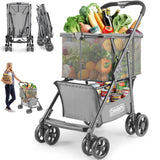Folding Shopping Cart with Wheels, 80lbs Multi Use Grocery Carts with 360° Wheels & Removable Tote Bag (Gray)