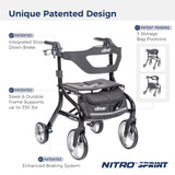 Drive Medical Nitro Sprint Foldable Rollator Walker with Seat - Lightweight Support - Large Wheels - Compact Folding Design - Adjustable Comfort - Standard Size - Black