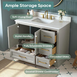 DELUXE LIVING 42 Inch Bathroom Vanity with Sink Combo, Solid Wood Frame with Stone Top & Backsplash, Fully-Assembled with Soft-Closing Doors & 4 Drawers, Greige