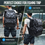 PLUSINNO Fishing Backpack with Rod Holders & Cooler, 45L Large Water-resistant Fishing Tackle Bag,Fishing Tackle Backpack Store Fishing Gear For Camping,Fishing Gifts for Men Sport Bags Black Camo