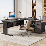 63 Inch Executive Desk with File Cabinet, L Shaped Office Desk with Drawers and Storage Shelves