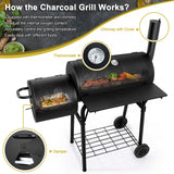 Joyfair Charcoal Grill with Offset Smoker, Camping Barbecue Grill with Side Fire Box for Outdoor BBQ Smoking/Backyard Party Grilling, Thick Iron Steel & Dual Chamber Design, Thermometer & Chimney