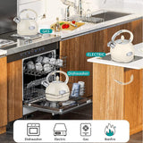 RETTBERG Tea Kettle for Stovetop Induction Whistling Tea Kettles 2.64 Quart Retro Food Grade Stainless Steel Teapots with Cool Touch Handle Creamy White