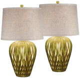 Possini Euro Design Buckhead 28" Tall Urn Modern Table Lamps Set of 2 Brown Bronze Geometric Living Room Bedroom Bedside Nightstand House Office Home Kitchen Entryway Console Family Fabric Shade