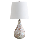 JONATHAN Y 20.5" Seashell Coastal Mini LED Table Lamp for Living Room Office, White Linen Drum Shade, Modern Mother of Pearl Bedside Nightstand Lamp, LED Bulb Included JYL1024A