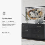 Signature Design by Ashley Rowanbeck Modern Seven-Drawer Dresser with Waterfall Edges, Nickel-Tone Hardware, Wood and Ash Veneer, Black Finish, 63.75' W