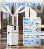 LRAZU 30L/7.93Gal Commercial Humidifier for Large Room 4200 sq ft, 3000mL/H Whole House Humidifiers with Supersized Cool Mist,Quiet Humidifiers for Bedroom, Home,Office, Plants, Warehouse