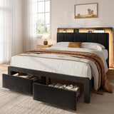nesture. Queen Storage Bed Frame, Upholstered Platform Bed with 2 Drawers, Velvet Vertical Tufted Headboard with LED Lights and Charging Station, Wood Slats Support, No Box Spring Needed, Matte Black