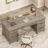 GarveeHome Farmhouse Executive Desk with File Drawers, 60 in Home Office Desk with Charging Station, Wooden Computer Desk with Cabinet Storage for Work Study Writing, Rustic Gray