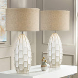 Possini Euro Design Cosgrove 32 3/4" Tall Oval Large Mid Century Modern Coastal End Table Lamps Set of 2 White Ceramic Living Room Bedroom Bedside Nightstand House Beige Shade (Colors May Vary)
