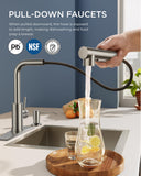 FORIOUS Kitchen Faucet with Soap Dispenser, Brushed Nickel Stainless Steel Sink Faucet with Pull Out Sprayer Modern Single Handle Suitable for Bar RV Farhouse Laundry Outdoor