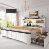 EnHomee Queen Bed Frame with Headboard, and 4 Storage Drawers, LED Lights & Charging Ports,No Box Spring Needed for Apartment,Noise-Free,Wooden, White