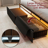 IKIFLY King Bed Frame with Dustproof Storage Drawers, Ergonomic Hidden Storage headboard with Charging Station, Upholstered LED King Platform Bed, No Box Spring Needed, Easy Assembly, Dark Grey