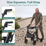 StepPilot Zero Wobble Rollator Walker with Seat for Seniors, 350lb Capacity, 18" Extra Wide Seat, 8" Wheels & Dual Brake, One-Hand Folds to 9.6", 7-Level Handle Adjustable, Cup Holder & Cane Clip