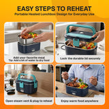 FORABEST Heated Lunch Box - 80W Electric Lunch Box for Adults - Portable Food Warmer - 1.8L Stainless Steel Containers, Carry Bag & Leakproof Lid - 12V/24V Car/Truck & 110/220V Home/Office - Navy Blue