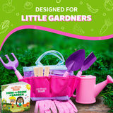 Pink Kids Gardening Tools - includes Sturdy Tote Bag, Watering Can, Gloves, Shovels, Garden Stakes