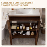 VNN 24 Inch Bathroom Vanity with Ceramic Sink - Freestanding Storage Cabinet with Fluted Design, Soft-Close Doors and Shelves, Compact Modern Storage for Small Bathrooms/Powder Rooms, Walnut