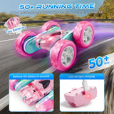 Zalneo RC Car Pink 4WD Remote Control Car 360° Flip Double‑Sided LED Light Bar & Quick‑Swap USB‑C Modular Battery, 2.4 GHz No‑Interference Popular Outdoor Beach Toy, Popular Gift for Girls Ages 6‑12
