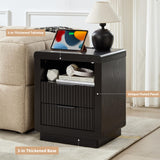YANSNWO Black Nightstand with Charging Station, 23.6" H Modern Bedside Table with Thickened Curved Profile Design, End Table with 2 Drawers for Bedroom